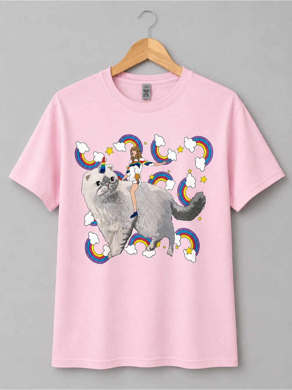 Taylor Swift Cat Unicorn Rainbow Graphic Tee Pink Short Sleeve T-Shirt